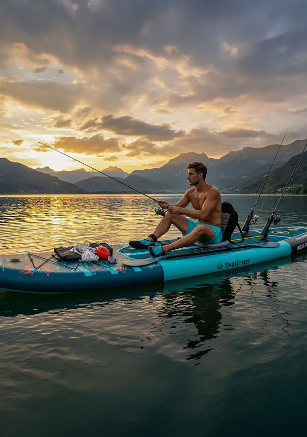 Tavola da pesca gonfiabile SKATINGER stabile, con spazio per attrezzatura e accessori da pesca